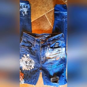 American Eagle Outfitters Jeans Size 0 Distressed Super Stretch Graffiti Skulls